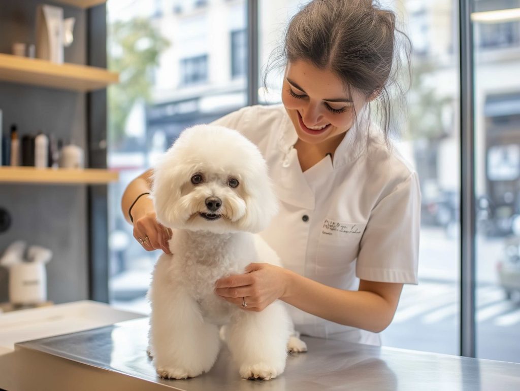 chica cortando el pelo a un bichon en barcelona