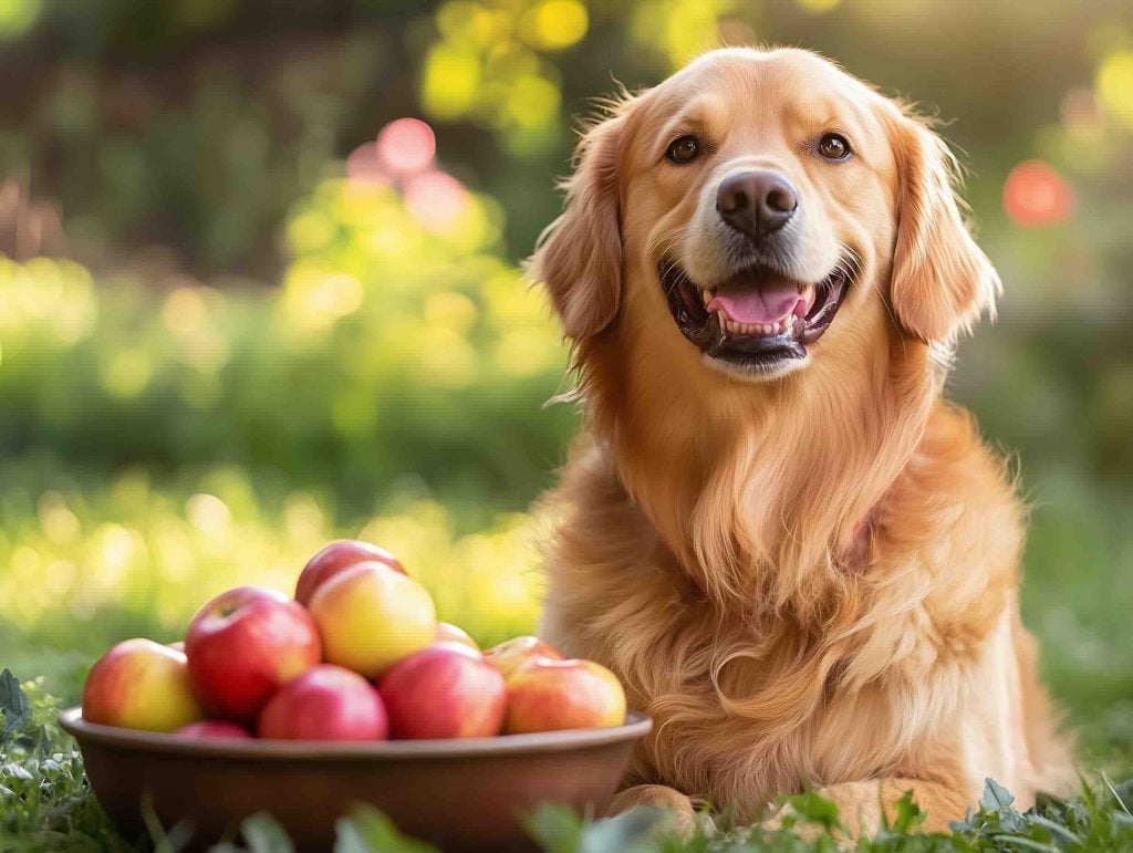 Golden Retriever con bol de manzanas en un jardin